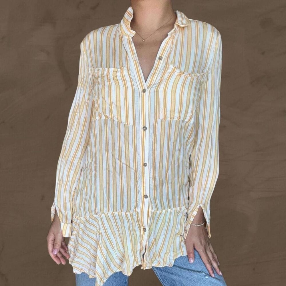 Agua Bendita yellow white striped shirt dress Revolve Size Small Coverup